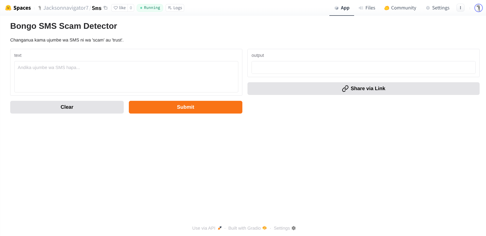 SMS scam detector input screen
